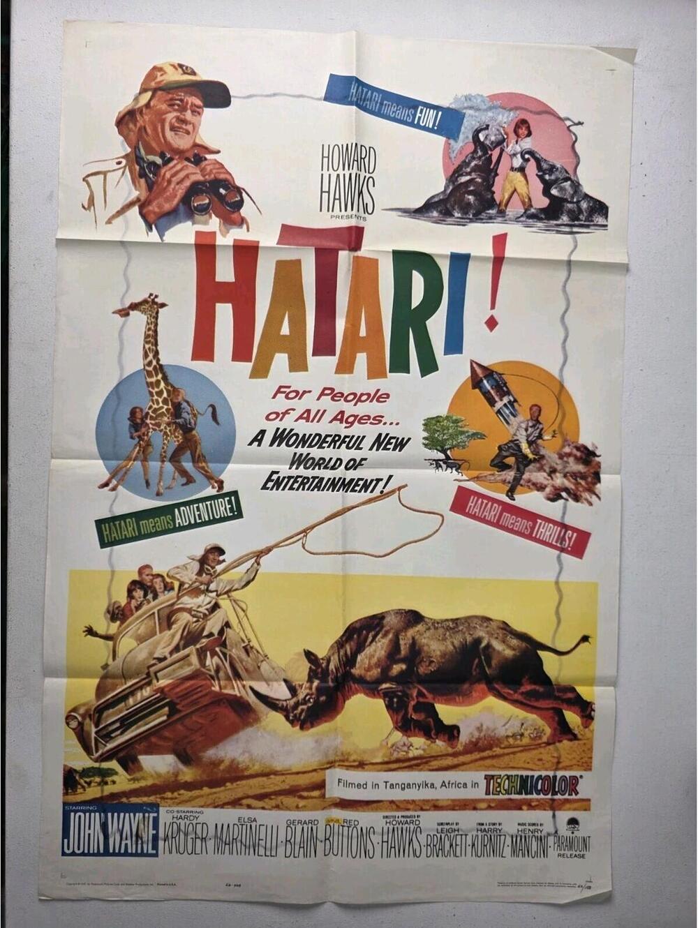 HATARI! (1962) Original 1-Sheet Movie Poster 27x41 John Wayne Howard Hawks